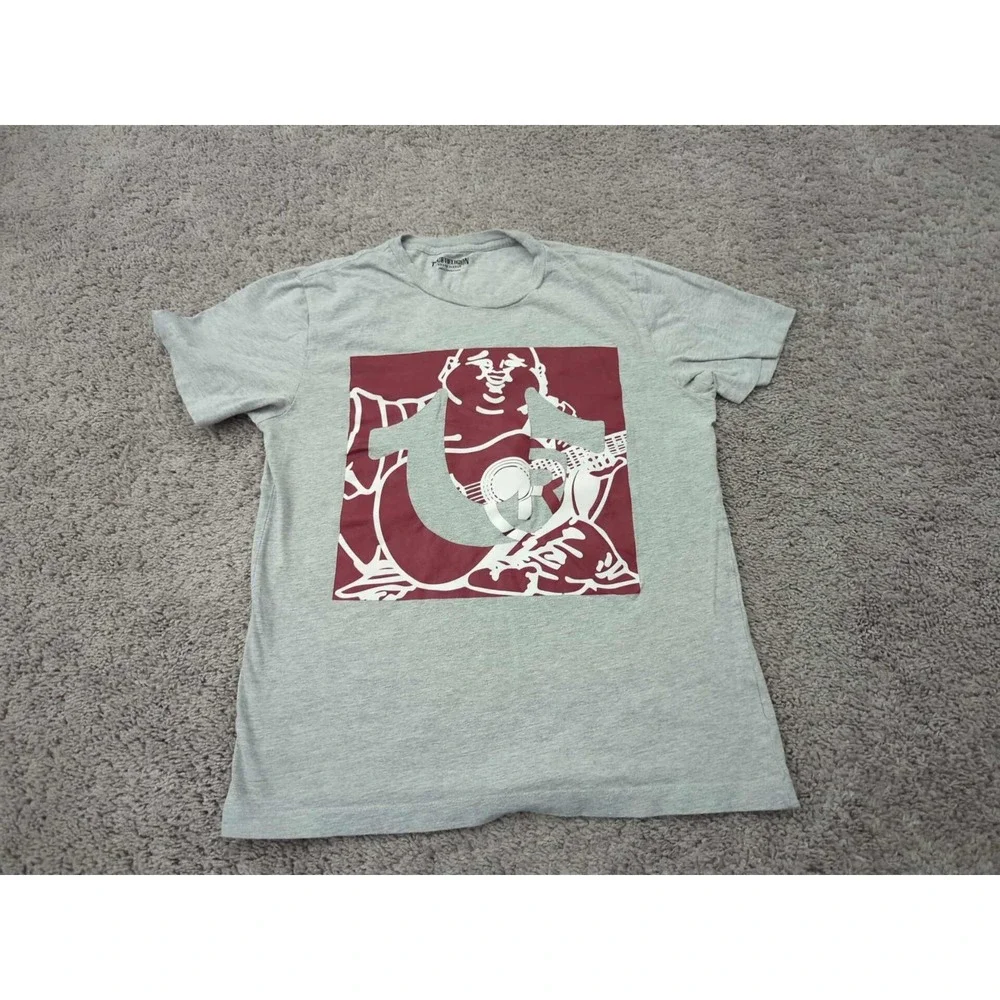 True Religion T Shirt Mens Small Gray Short Sleeve Buddha‎ Guitar